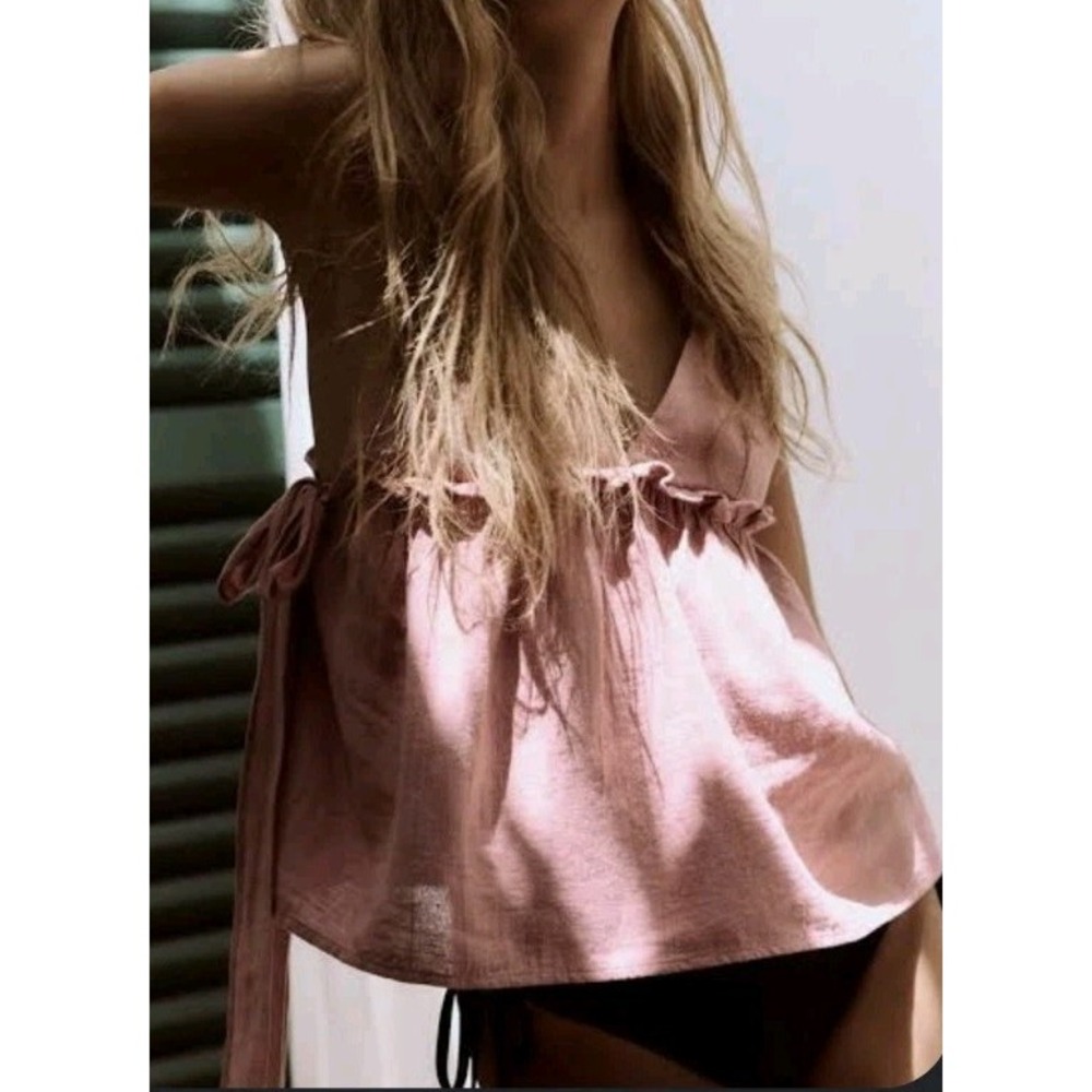Zara Camisole Top With Ruffles And Ties Linen Cotton-blend Pink Size L NWT